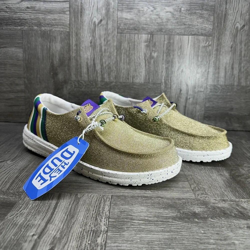 Hey Dude Gold Glitter Wedges with Green, Purple & White Stripe Accents